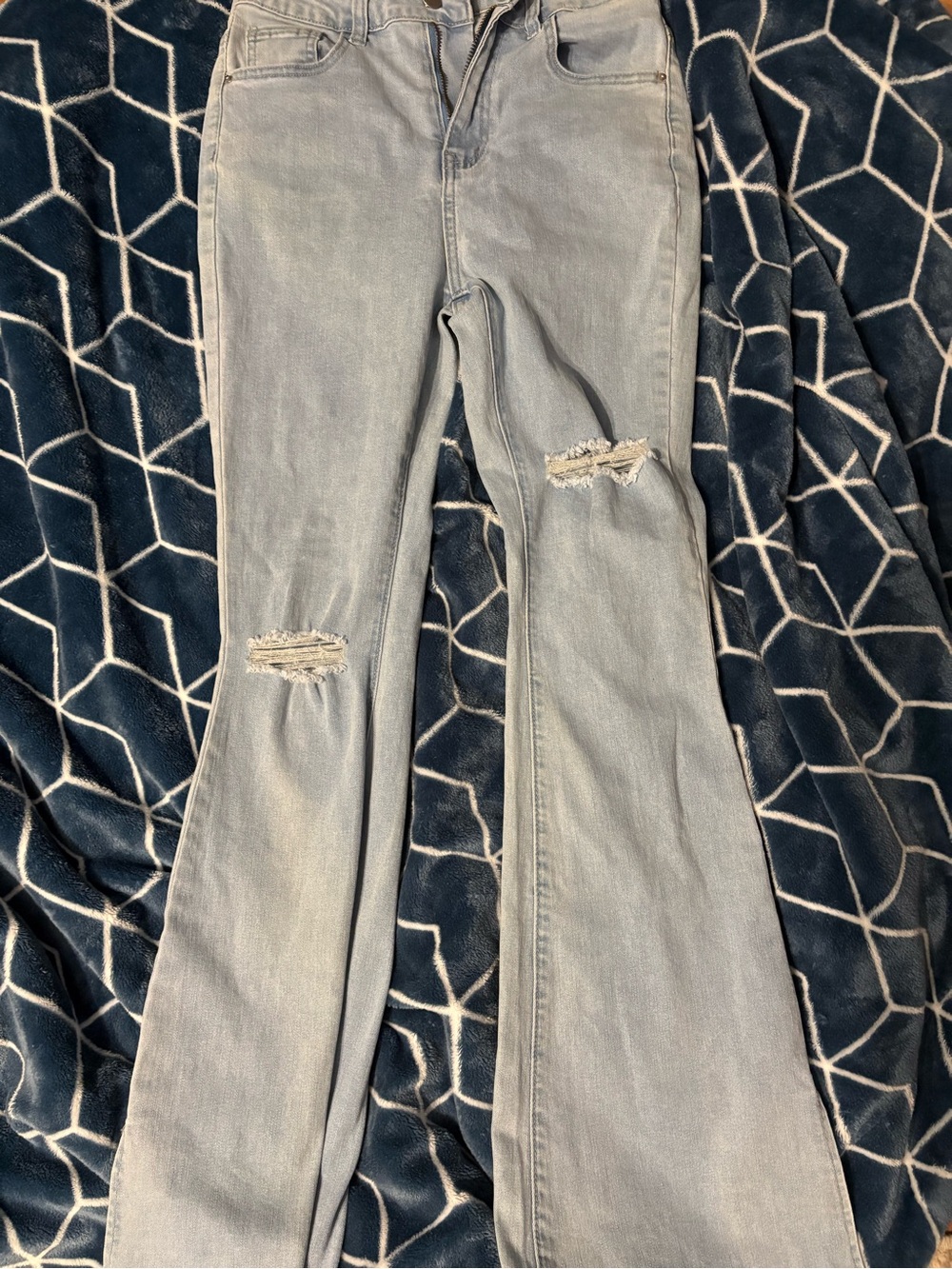 SHEIN Light Gray Distressed Flare Jeans